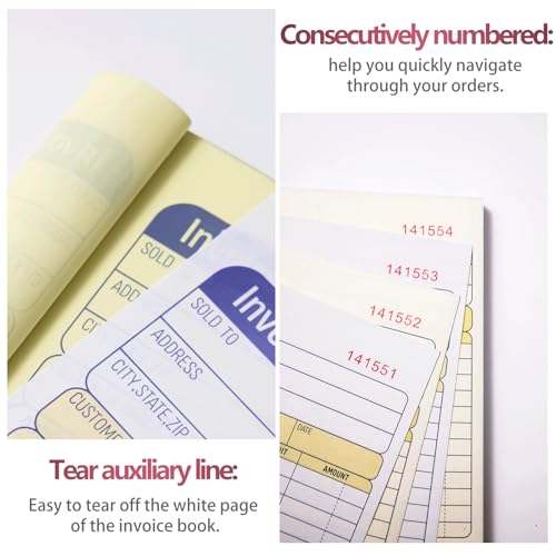XKDOUS 5 Pack Invoice Receipt Book, 2-Part Carbonless, 5-9/16" x 8-7/16" Invoice Book for Small Business, 50 Sets per Book - Thumbnail 4