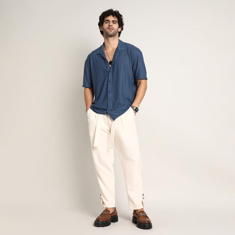 Image of CAHOOT Men's Oversized Shirt for Casual Wear | Cuban Collar | Short Regular Sleeves | Button Closure | Oversized Shirt Crafted with Comfort Fit for Everyday Wear