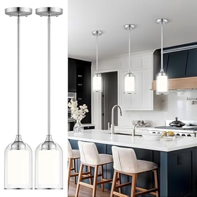 LIROUVET 2 Pack Pendant Light Fixtures, Modern Dual Glass Pendant Lights, Brushed Nickel Hanging Light with Clear and Milk Glass, Pendant Lights Kitchen Island for Dining Room PL02BN-2PK