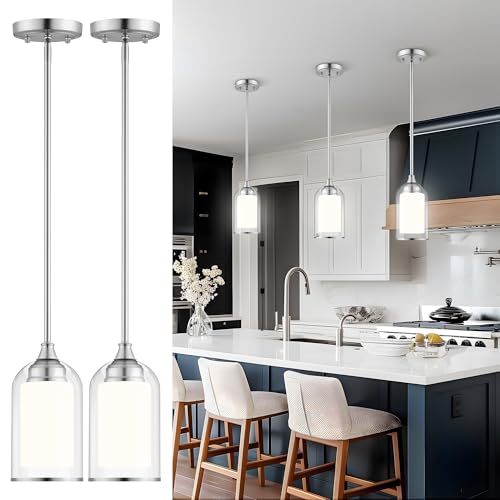 LIROUVET 2 Pack Pendant Light Fixtures, Modern Dual Glass Pendant Lights, Brushed Nickel Hanging Light with Clear and Milk Glass, Pendant Lights Kitchen Island for Dining Room PL02BN-2PK