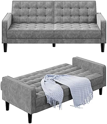 Walsunny Modern loveseat Couch, Mid-Century Velvet Upholstered Futon Sofa Bed, Fold Up/Down Adjustable Sleeper Sofa for Living Room, Bedroom, Apartment(Grey)