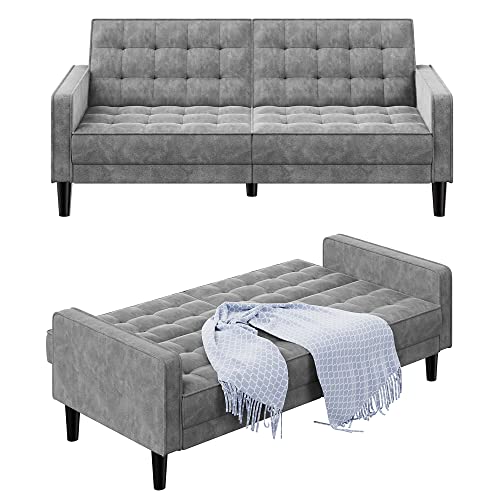 Walsunny Modern Loveseat Couch, Mid-Century Velvet Upholstered Futon Sofa Bed, Fold Up/Down Adjustable Sleeper Sofa For Living Room, Bedroom, Apartment(Grey) #TOP4