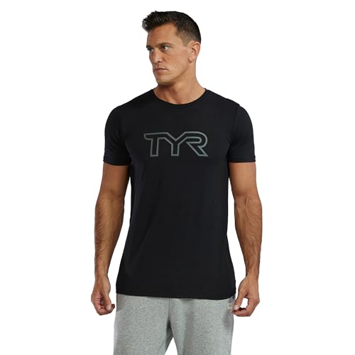 TYR Ultrasoft Lightweight Short Sleeve Big Logo Tech Tee T-Shirt Tri LG UX, Nero, XL Unisex-Adulto