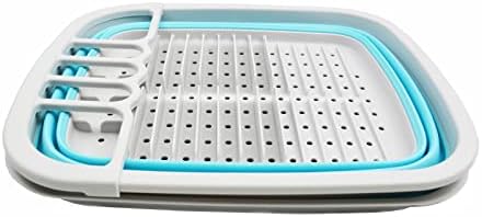 SAMMART 8L Collapsible Dish Drainer with Drainer Board - Foldable Drying Rack Set - Portable Dinnerware Organizer - Space Saving Kitchen Storage Tray (Grey/Cyanine, 1)