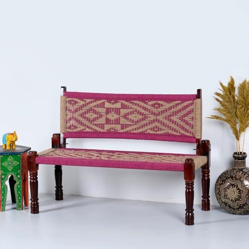 Image of Srima Wooden Bench for Living Room | Handcrafted Sheesham Wood Backrest Bench for Balcony & Garden | Traditional Rajasthani Patio for Outdoor with Cotton Handwoven Rope | Pink & Beige