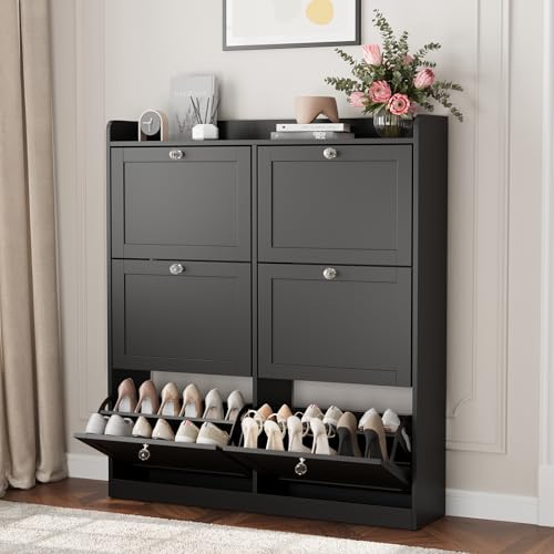 خزانة أحذية من فوونر بـ 6 أدراج قابلة للطي، منظم أحذية قائم بذاته كبير لتخزين الأحذية، رف أحذية ضيق ونحيف موفر للمساحة للمدخل، الردهة، الممر (أسود، 6 أدراج قابلة للطي)