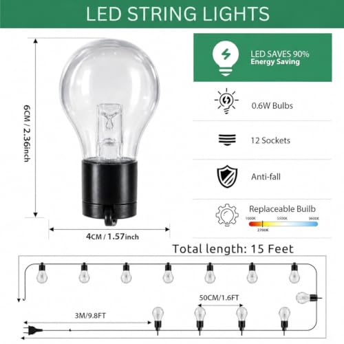 Image of One94Store Globe Warm White LED String Lights 5M | 12 Waterproof Decorative Hanging Bulbs | Outdoor & Indoor String Lights for Balcony, Garden, Patio, Backyard, Party, Wedding & Home Decor