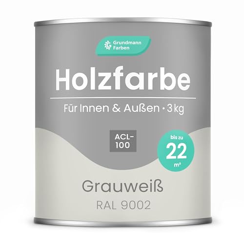 Grundmann Holzfarbe ACL 100 - Holzlack 3 Kg Altweiss - 4in1 inkl. Grundierung - Seidenmatt - Wetterfest für Innen & Außen - RAL 9002 Grauweiß