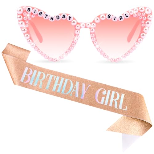Tihebax Birthday Girl Sash & Glasses Set, Birthday Sash for Women Girls, Rose Gold 70.8" * 3.75", Happy Birthday Accessories Party Favors Set for Women Girls