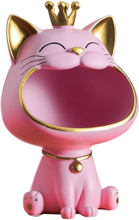 RuiDay Laughing Cat Figures Statue Storage Box, Large Mouth Cat Storage Box, Jewellery Pieces Cat Figures Key Storage Box Decoration, Cat Sculpture Statue Resin for Home (Type 4)
