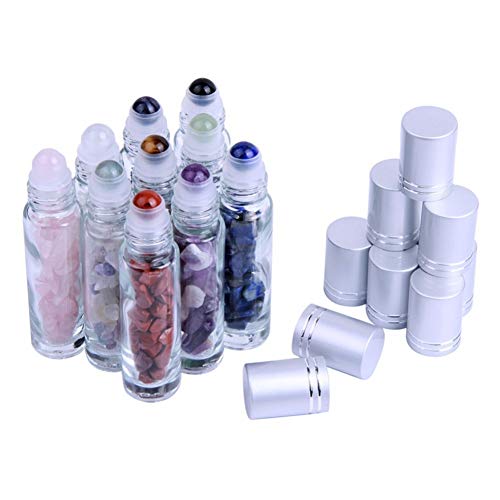 Natural Gemstones Essential Oil Roller Bottles Clear Glass Roll-on Bottles Gemstone Perfume Sample Vials with Crystal Stone Roller Balls & Healing Crystal Chips Inside 10pcs 10ml