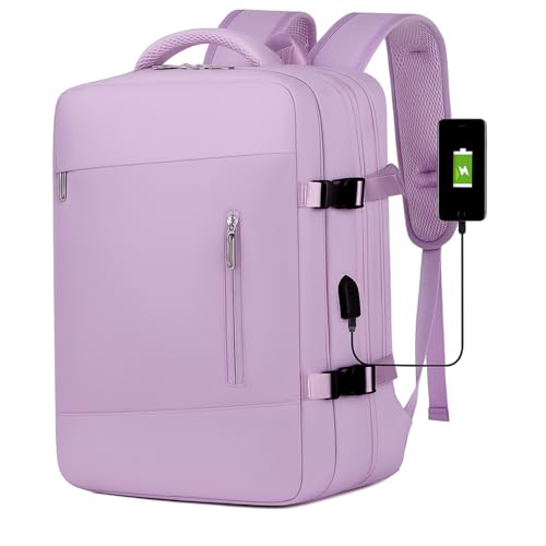 Mochila Viagem Avião Viral Expansível 30-40L Impermeável Premium, Bagagem de Mão Mala de Bordo Compartimento para Notebook 15.6', Executiva para Trabalho Diário - Lilás