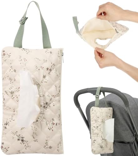 Quilted Baby Wipe Pouch, Hanging Portable Floral Diaper and Wipes Bag with Snap Handle, Machine Washable Refillable Wet Wipe Holder or Stroller, Car Seat & Travel Organizer