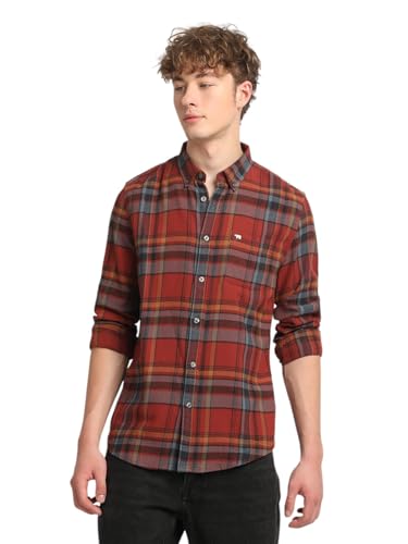 Image of THE BEAR HOUSE Men Rust Checked Slim Fit Flannel Cotton Casual Shirt