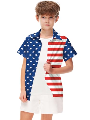 Image of Remimi Unisex Kids 4th of July Button Up Shirt Boys American Flag Print Hawaiian Beach Short Sleeve Tops 5-14 Years