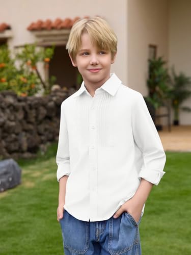 Haloumoning Boys Pleated Front Long Sleeve Dress Shirts Kids Button Down School Uniform Shirt 5-14 Years4