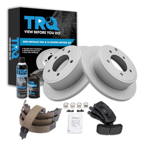 Image of TRQ Rear Brake Pad & Rotor Kit, with Chemical Kit Parking Brake Shoe Set Semi-Metallic Premium G-Coated Compatible with 2017-2017 Mitsubishi Lancer