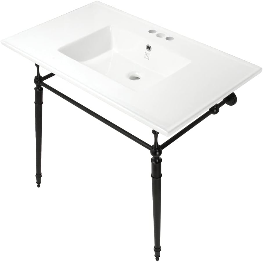 Kingston Brass KVPB37227W4MB Edwardian 37-Inch Console Sink with Brass Legs (4-Inch, 3 Hole), White/Matte Black