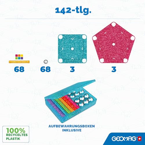 Geomag, Glitter Recycled, Glitzereffekt-Magnetkonstruktionen, Glitzer und Bunte Magnetstäbe, 142 Stück, 100% recycelter Kunststoff – Ansicht 2