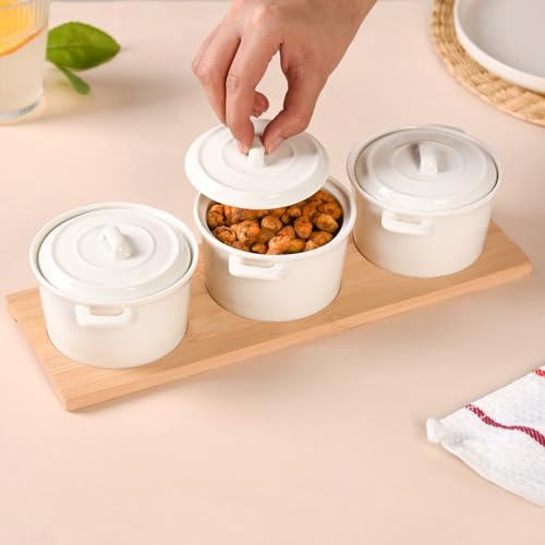 Image of Nestasia Ceramic Snack Bowls with Lids & Bamboo Tray Set 250ml | Microwave & Dishwasher Safe, Eco-Friendly | Ideal for Snacks, Dips, Treats, Dry Fruits
