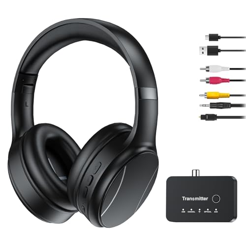 Auriculares Inalámbricos para Ver la TV, Modo Dual Bluetooth y 2.4G con Transmisor, Baja Latencia y 5 Presets de EQ, Micrófono Integrado para Diálogo Claro, Compatible con Salidas Óptica/Coaxial/AUX