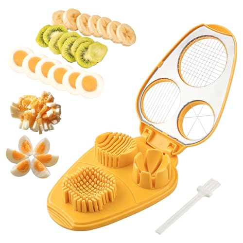 Egg Slicer for Hard Boiled Eggs 3 In 1, 3 Slicing Modes Eggs Dicer, Stainless Steel Egg Cutter, Kitchen Chopper Tool for Egg, Butter, Strawberry, Tomato, Mushroom, and Grape, Dishwasher Safe (yellow)