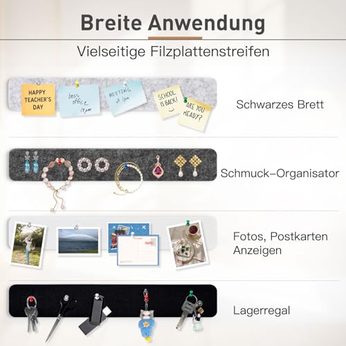 QUEENLINK Pinnwand Filz Selbstklebend 8 Stück mit 40 Pinnnadeln, 33×5cm Pinwand Streifen Korkwand Fotowand Memotafeln Filzplatte Bulletin Board für Büro Küche