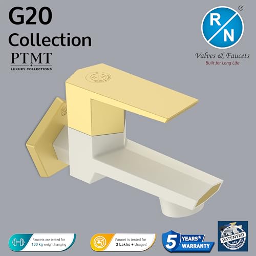 Image of RN PTMT Bib Cock for Bathroom | 15mm Foam Flow Water Tap with Flange | Luxury G20 Series Faucet | High-Grade Engineering Polymer Tap (Ivory Bright Gold Dual, Pack of 1)