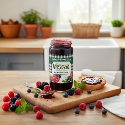 Image of Vistevia Sugar Free Mixed Berry Jam, Diabetic and Keto Friendly - Sweetened Naturally with Stevia, More Than 60% Berries Content - Tastes Delicious - Pack of 1 (420GM)