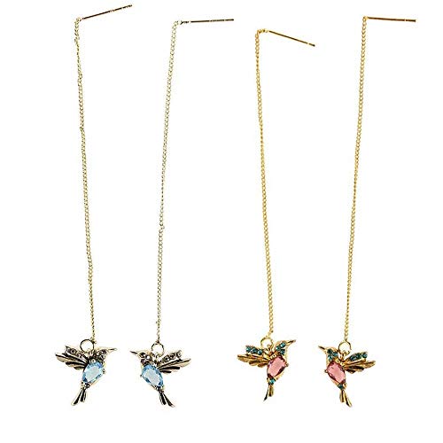 2 Pairs Simulation Hummingbird Stud Earrings Threader Long Drop Tassel Crystal Dangle, Elegant Hummingbird Rhinestone Stud Earrings Statement Jewelry for Women Girl (Azul y rojo)
