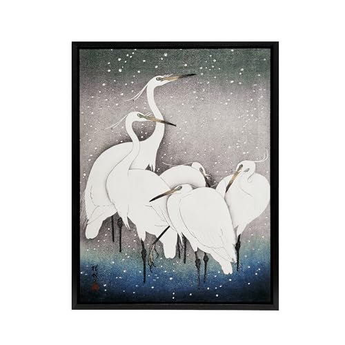 Image of Artery8 Group Of Egrets in Falling Snow Framed Canvas Wall Art Print Japan : Artwork by Ohara Koson 18x24 Peaceful wintry bird scene bringing stillness to bedrooms or natural-themed interiors