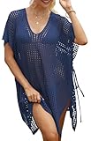 REOCHEL Women's Loose Swimsuit Crochet Sexy V Neck Swim Coverups Bathing Suit Bikini Cover up Vacation Summer Beach Dresses,Navy