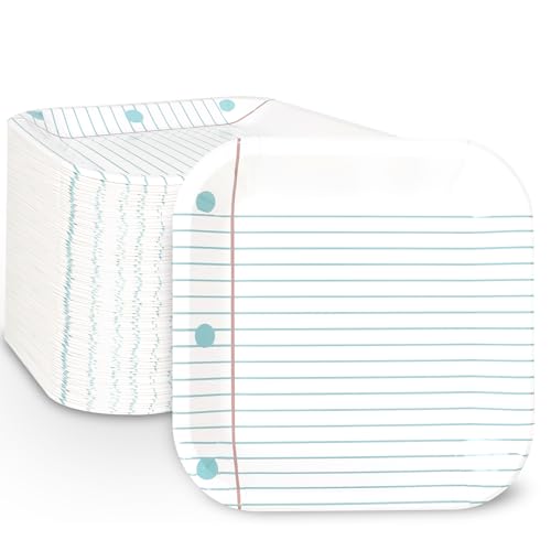 Demonwer 50 Piece Notebook Paper Plates Notebook Line Disposable Plates Square Decorative Plates for Graduation Back to School Party Supplies Table Decorations,9 In