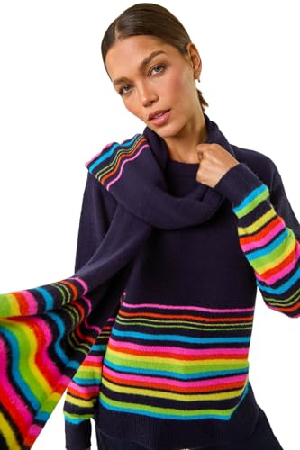 Image of Roman Originals Border Stripe Scarf Knit Jumper for Women UK - Ladies Everyday Autumn Winter Round Neckline Comfy Soft Evening Vacation Work Party Night Out - Multi - Size 18
