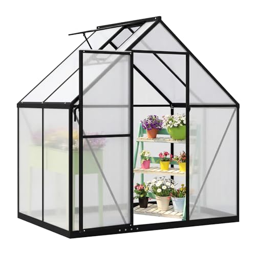 COSTWAY Polycarbonate Greenhouse, Large Walk-in Green House with Adjustable Roof Vent & Lockable Door, Outdoor Aluminum Frame Warm Grow House for Garden Backyard Patio (6 x 4 FT)
