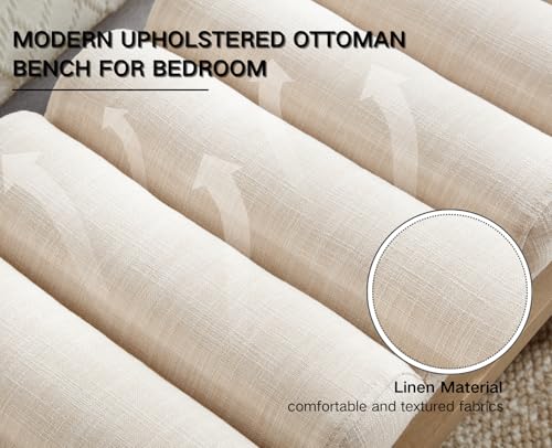CIMOTA Modern Bedroom Bench, 47 Inch Upholstered End of Bed Bench Padded Entryway Bench with Cylindrical Cushion/Wood Legs, Wooden Window Bench for Living Room/Hallway, Linen Beige - image 4