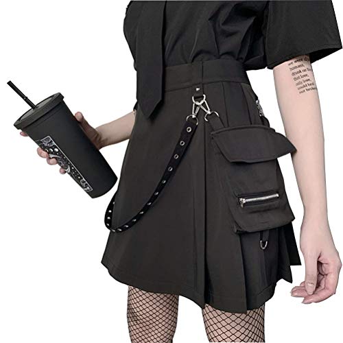 FREEPPCC Falda gótica negra punk irregular de cintura alta falda plisada de línea A para adolescente, con cadena de cintura desmontable y bolsillo con cremallera Cover