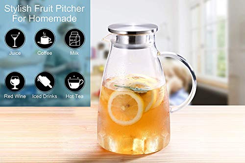 (9 PCS) Glass Pitcher Set Borosilicate 2.0 Liter 68 Ounces Glass Pitcher with Lid and 2 Borosilicate Glass Cups Suit Iced Tea Jug Hot and Cold Water Ice Tea Wine Coffee Milk and Juice Beverage Carafe