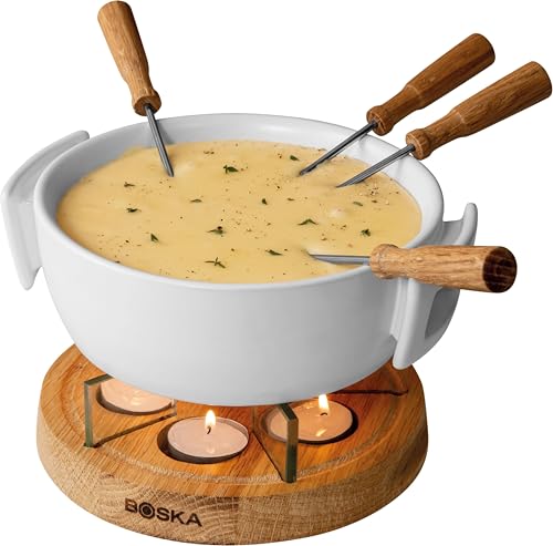 Boska Fondueset Twinkle - 4 Personen - Fondue Käse Teelichter mit Stil - 1,6 L Inhalt für 1,2 L Geschmolzenen Käse [ink. Fonduegabeln][Awardwinner von Keramik für Gasherd, Mikrowelle & Ofen]