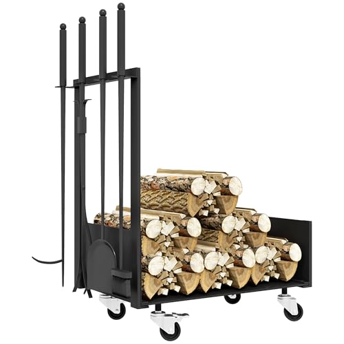 Outsunny Soporte para Leña con Ruedas Estante de Leña Metálico Leñero de Exterior con Pala Escoba Atizador y Tenazas Carga 60 kg 48x30x76 cm Negro