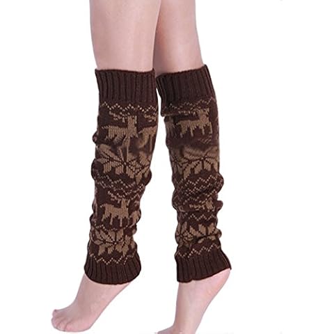 Butterme Womens Ladies Winter Warm Knit Crochet Leg Warmers Knee High Leggings Cute Deer and Snowflake Pattern Boot Socks (Coffee) Cover
