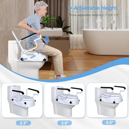Image of Veayva Adjustable Toilet / Commode Seat Raiser With Lift Handles - 3 Adjustable Heights Raised Toilet Seat With Padded Arms For Handicapped - Medical Handicap Bathroom Safety Chair - 300 Lbs., White