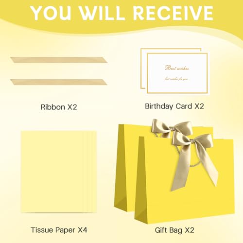 Image of JMANNI Gift Bags with Handles, 13 inch Medium Gift Bag for Presents, 2 Pcs Bags with 4 Tissue Paper and 2 Cards for Baby Shower Wedding Bridal Shower Mother's Day Birthday Party (yellow)