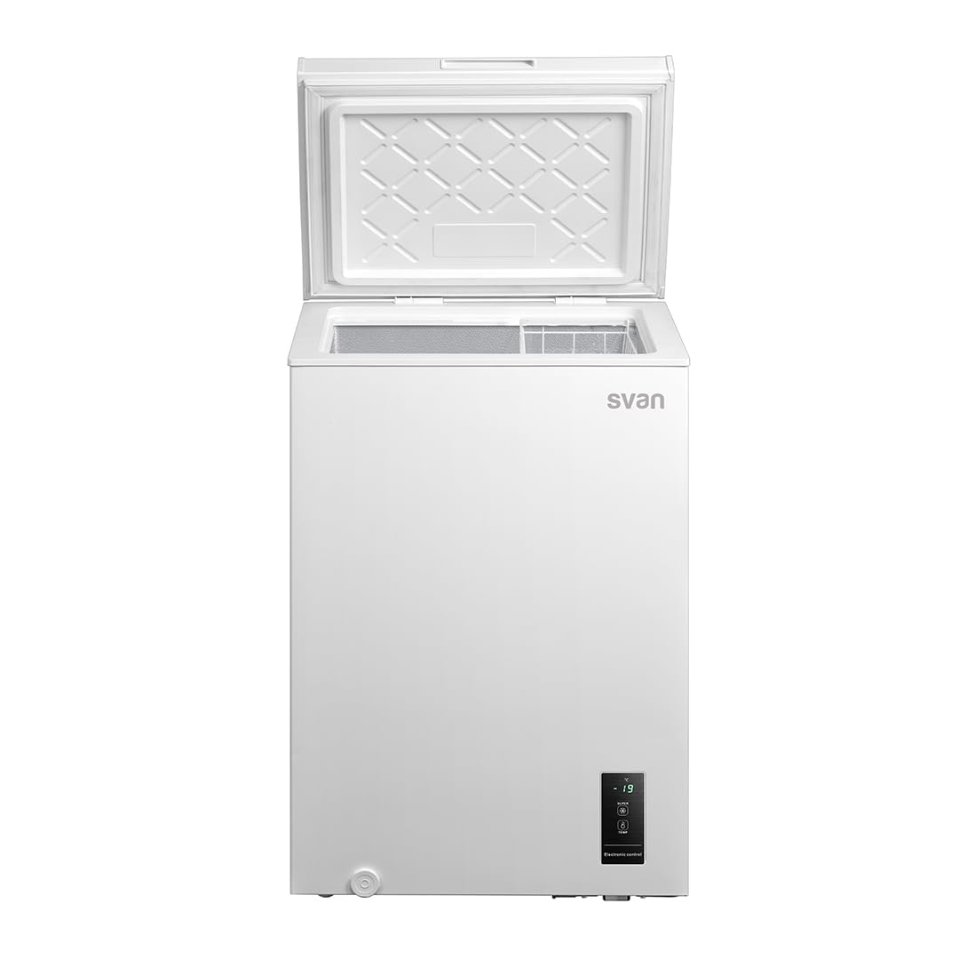 Svan Congelador Horizontal Blanco SCH1002EDC. Capacidad 99 Litros, 4 Star, Modo Super Congelación, Tecnología Cíclica, Puerta Abatible, Bajo Nivel Sonoro, Eficiencia Energética Clase E