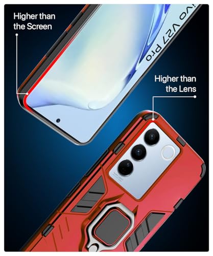 Image of WOW IMAGINE Shock Proof Back Case Mobile Cover for Vivo V27 | V27 Pro 5G (Tough Armor | Hybrid PC + TPU | Full Protection with Ring Holder & in-Built Kickstand | Red)