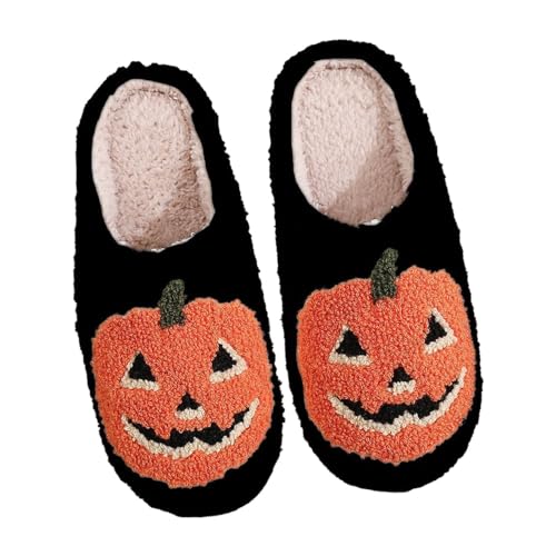 Zapatillas de Halloween para mujer, cerradas de invierno, pantuflas de fieltro para mujer, antideslizantes, de felpa, mullidas, con forro suave, pantuflas para invitados, unisex, informales