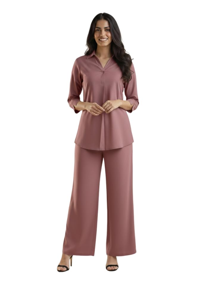 Latest Coord Set for Women Stylish Relaxed Fit Hemline Shirt Palazzo Set Perfect Office Casual Lounge Wear Dress-image-4