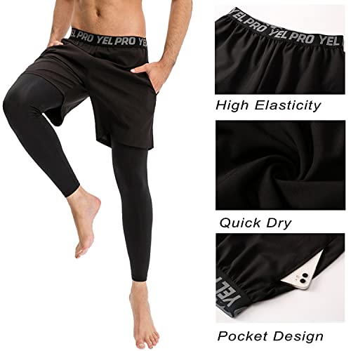 Wragcfm Men's 2 In 1 Running Pants Shorts Tights, Gym Workout Athletic Compression Pants For Men Quick Dry Legging With Pocket(Black,L) #TOP2