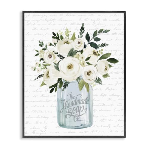 White Blooms Jar Bouquet Script, 16 x 20 Inch Framed Giclée Print