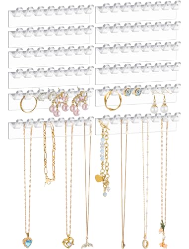 NiHome 12-Pack Wall-Mounted Clear Plastic Jewelry Organizers for Earrings, Necklaces, Bracelets, Rings, Studs, No-Drill Adhesive Installation Racks for Closet, Bathroom, Bedroom, Mirror, Cabinet Doors